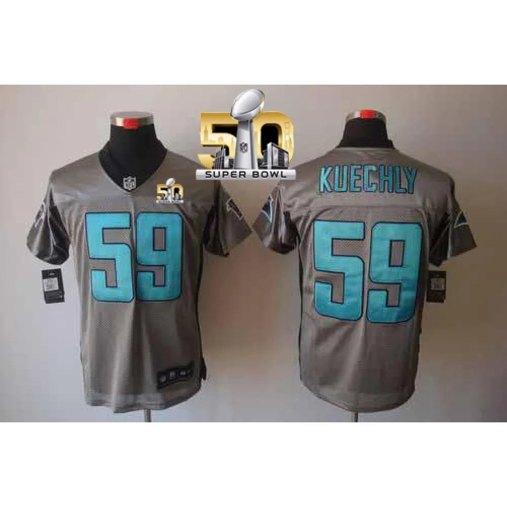 Panthers #59 Luke Kuechly Grey Shadow Super Bowl 50 Men's Stitched NFL Elite Jersey