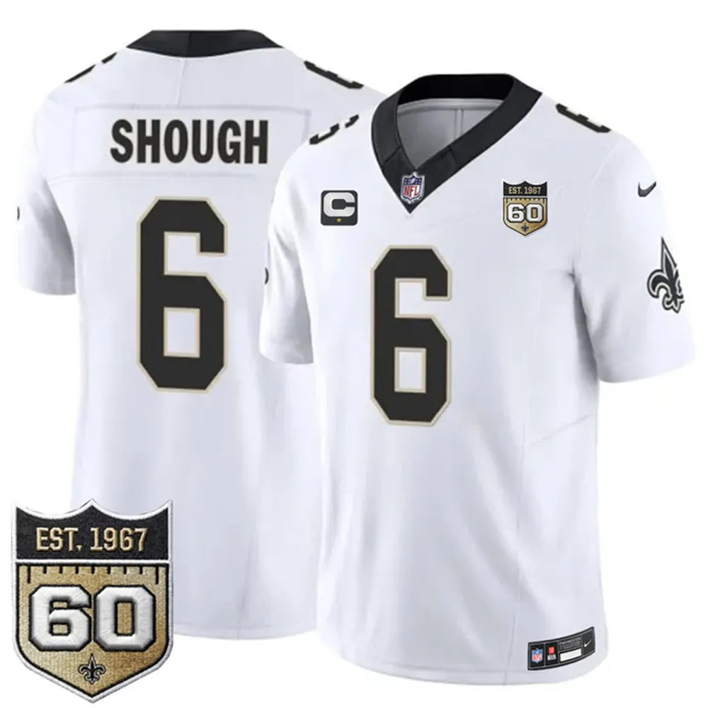 Men's New Orleans Saints #6 Tyler Shough White 2026 With 1-Star C Patch And 60th Anniversary Patch Vapor F.U.S.E Limited Jersey