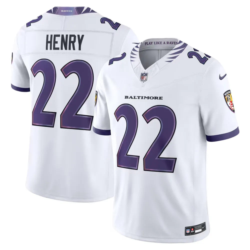 Men's Baltimore Ravens #22 Derrick Henry Nike White Vapor F.U.S.E. Sewn Down Limited Jersey