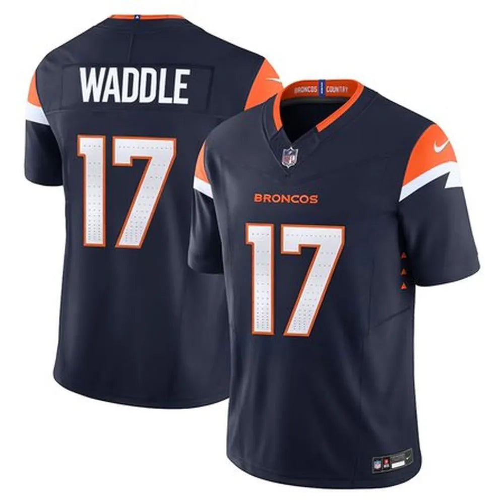 Men's Denver Broncos #17 Jaylen Waddle Navy Vapor F.U.S.E. Limited Stitched Football Jersey