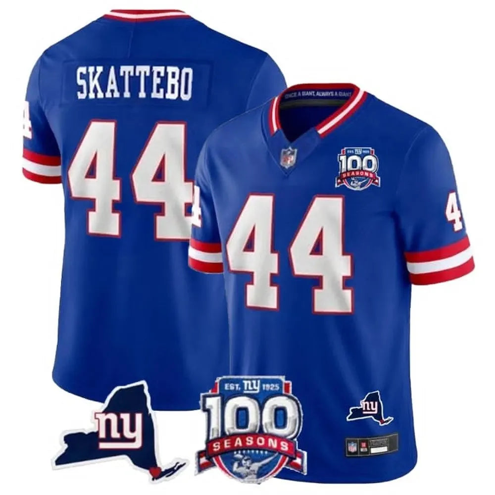 Men's New York Giants #44 Cam Skattebo Royal Vapor Untouchable Classic Retired Player 100TH Season Commemorative Patch Stitched Jersey