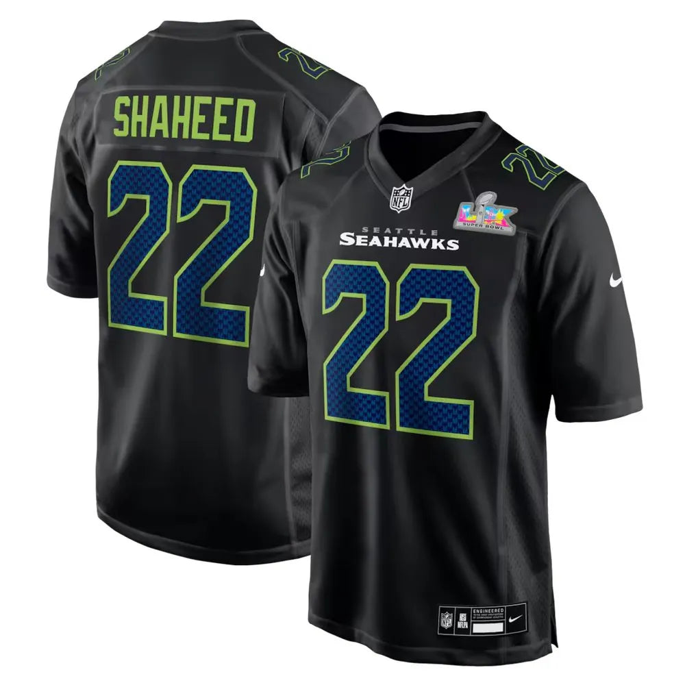 Youth Seattle Seahawks #22 Rashid Shaheed Black Super Bowl LX Patch Carbon Fashion Game Jersey